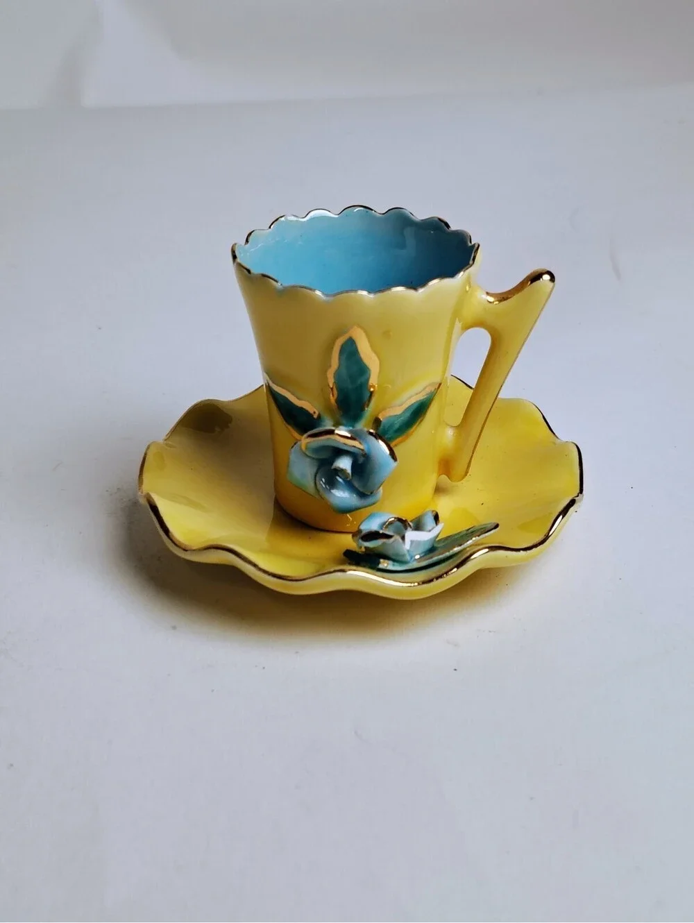 Vintage Porcelain Demitasse Cup Saucer Set Yellow Blue 3D Rose Flower Gilt Trim